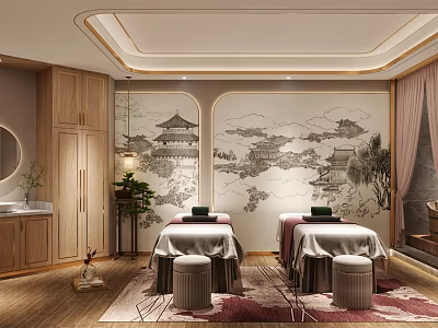 Luxury SPA Sauna Interior Design With Massage Beds Wooden Cabinets And Chinese Landscape Painting 3d model
