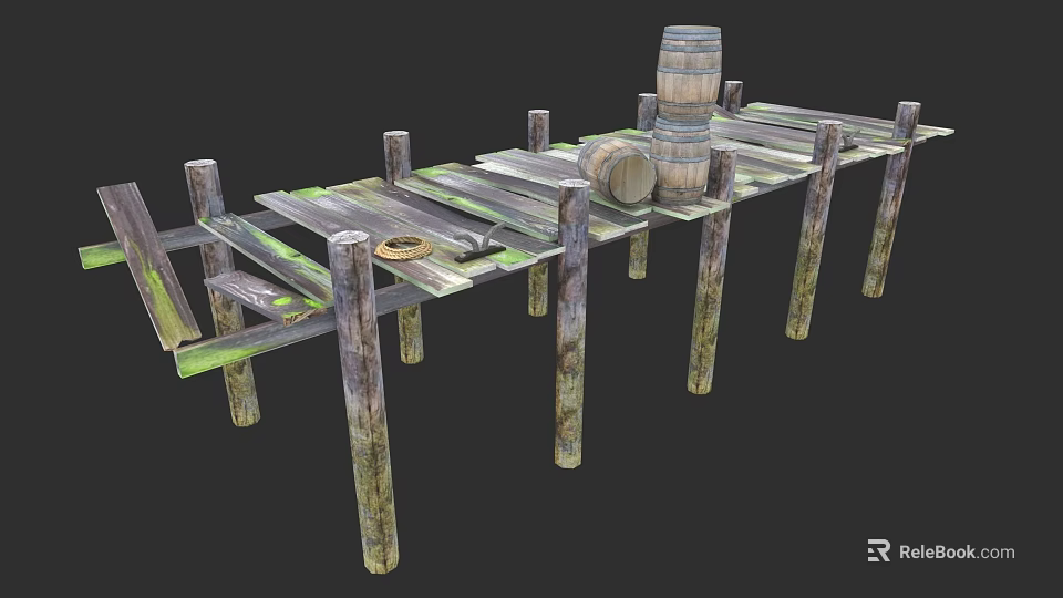 Electronic Equipment Display On Rustic Wooden Dock With Barrels And Planks 3d model 