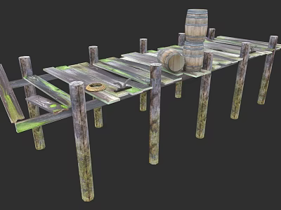 Electronic Equipment Display On Rustic Wooden Dock With Barrels And Planks 3d model