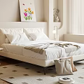 Modern Double Bed With White Bedding Pillows Wall Art And Hanging Lights