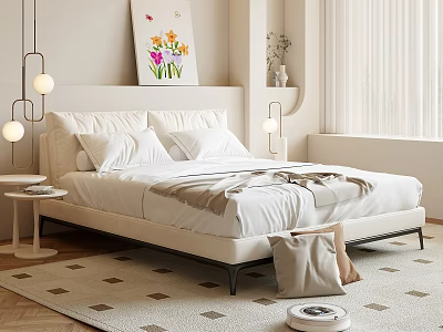 Modern Double Bed With White Bedding Pillows Wall Art And Hanging Lights 3d model