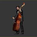 Man in Black Suit Playing Acoustic Double Bass in Formal Music Performance Setting
