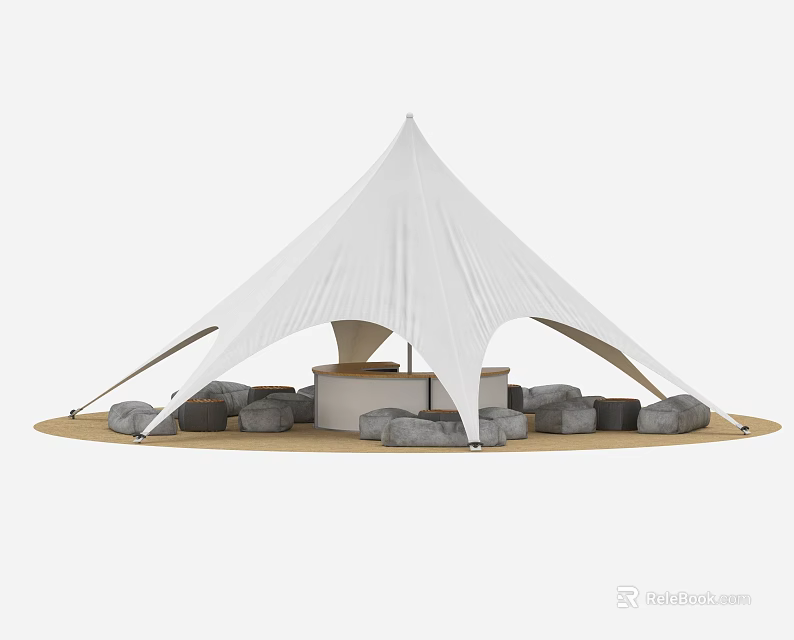 White Pointed Top Canopy Structure with Stones and Seating Space on Circular Ground 3d model 