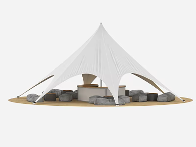 White Pointed Top Canopy Structure with Stones and Seating Space on Circular Ground 3d model