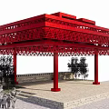 Red Latticed Structure With Columns And Stone Pavement Near Small Trees 3d model