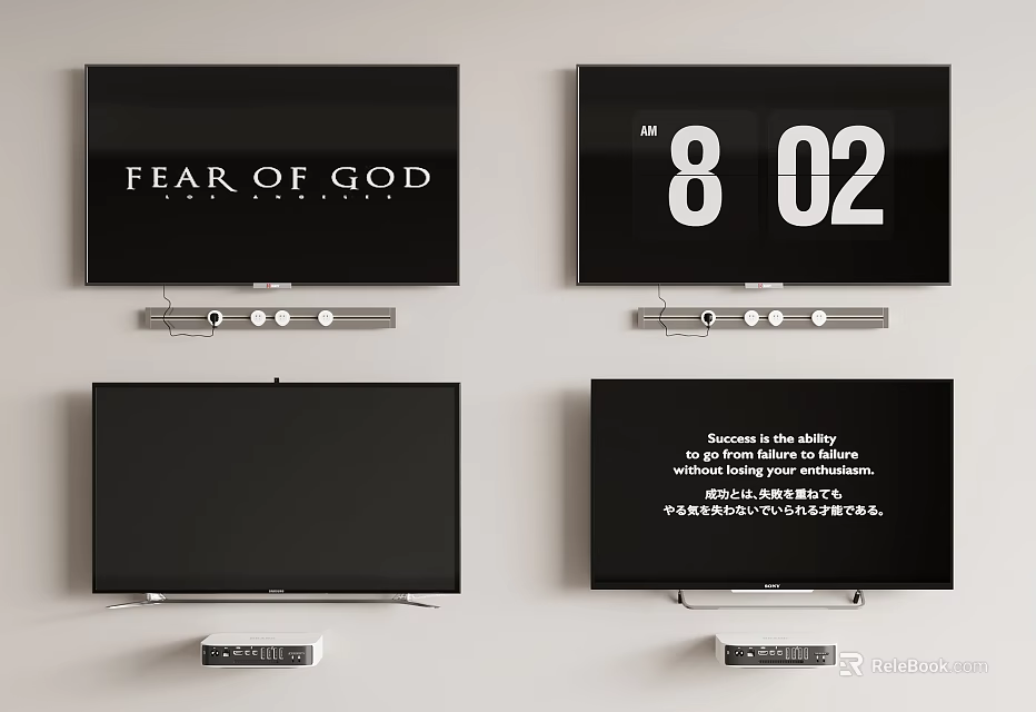 Wall Mounted Televisions Displaying Fear Of God Text Time Blank Screen And Multilingual Content 3d model 
