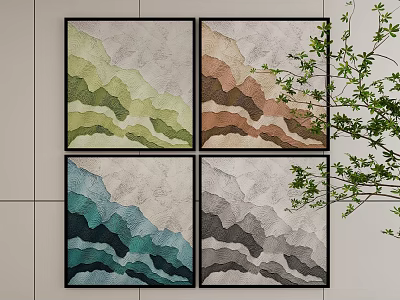 Abstract Paintings with Layered Green Brown Blue Gray Tones Framed Wall Art 3d model