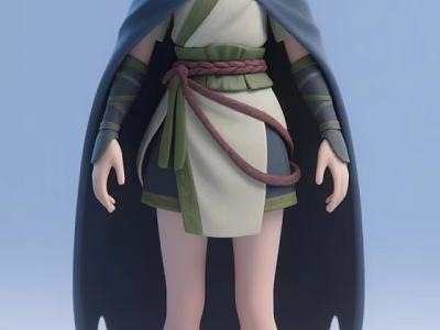 Game Anime Character With Dark Cloak Red Belt And Green White Outfit 3d model