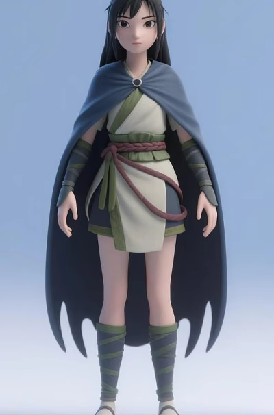 Game Anime Character With Dark Cloak Red Belt And Green White Outfit 3d model