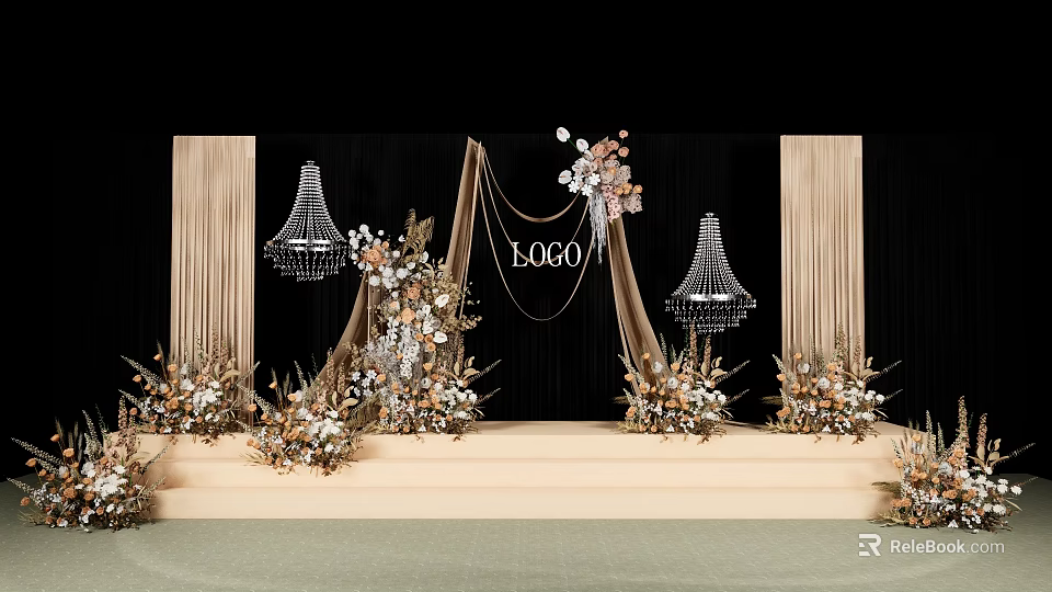 Elegant Wedding Stage Setup With Decorative Flowers Chandeliers And Beige Drapes 3d model