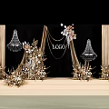 Elegant Wedding Stage Setup With Decorative Flowers Chandeliers And Beige Drapes 3d model