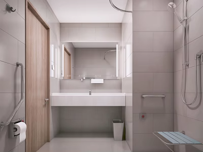 Public Restroom Interior With Gray Tiled Walls Wooden Door White Sink Mirror And Grab Bars 3d model