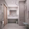 Public Restroom Interior With Gray Tiled Walls Wooden Door White Sink Mirror And Grab Bars