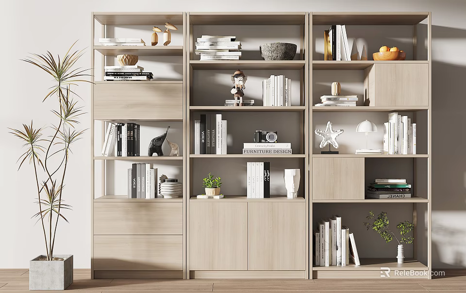 Stylish Modern Modular Bookcase With Open And Closed Compartments Books Decorative Items And Small Plants 3d model 