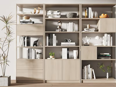 Stylish Modern Modular Bookcase With Open And Closed Compartments Books Decorative Items And Small Plants 3d model
