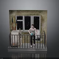Balcony With Wall Window Railing Person Holding Cup And Storage Box