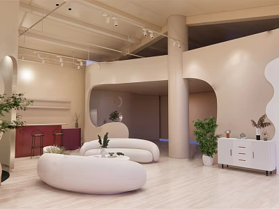 Modern Café Interior With Curved White Sofas Green Plants And Wooden Floors 3d model