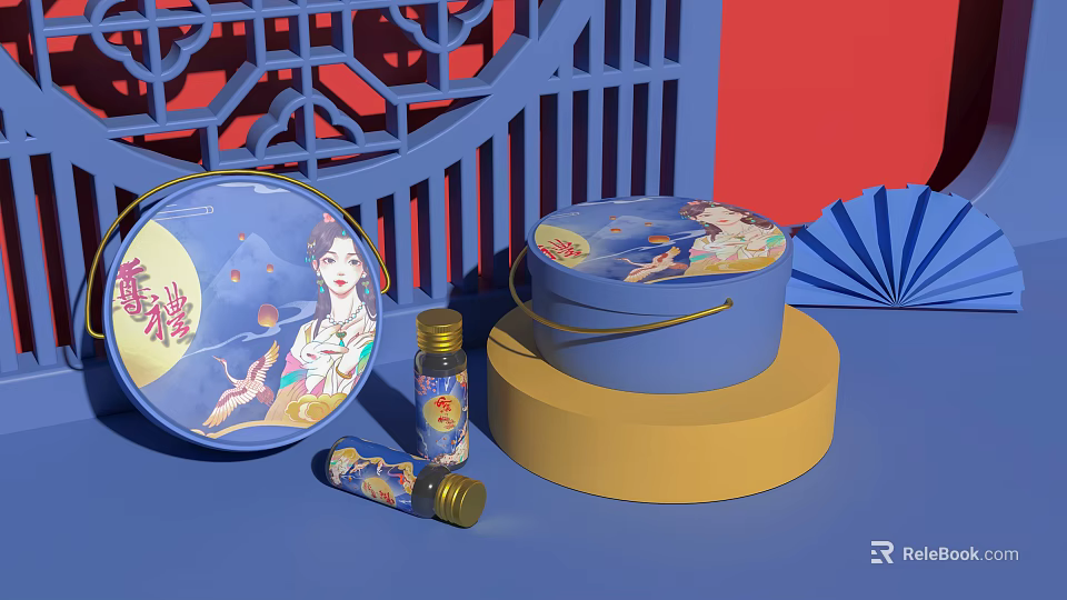 Traditional Mid Autumn Gift Collection With Blue Round Box Female Art And Fan Ornament 3d model 