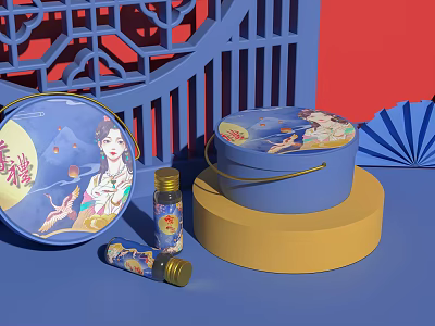 Traditional Mid Autumn Gift Collection With Blue Round Box Female Art And Fan Ornament 3d model