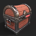 Vintage Wooden Storage Chest With Metal Frame And Red Handle