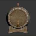Traditional Wooden Barrel With Silver Metal Hoops On Wooden Stand And Brass Tap