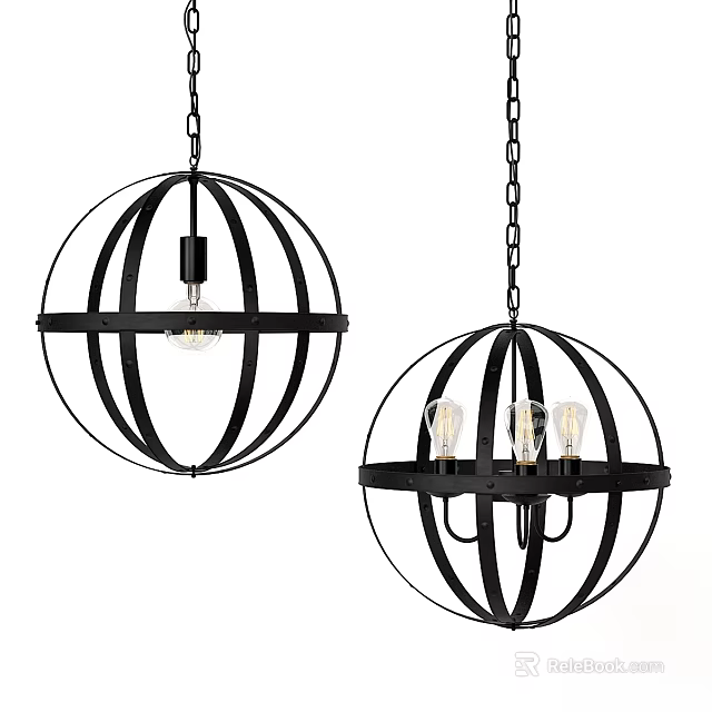 Black Spherical Chandeliers With Metal Frame Chain Hung Single And Multiple Bulb Design 3d model 