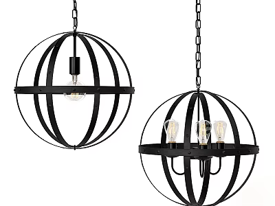 Black Spherical Chandeliers With Metal Frame Chain Hung Single And Multiple Bulb Design 3d model