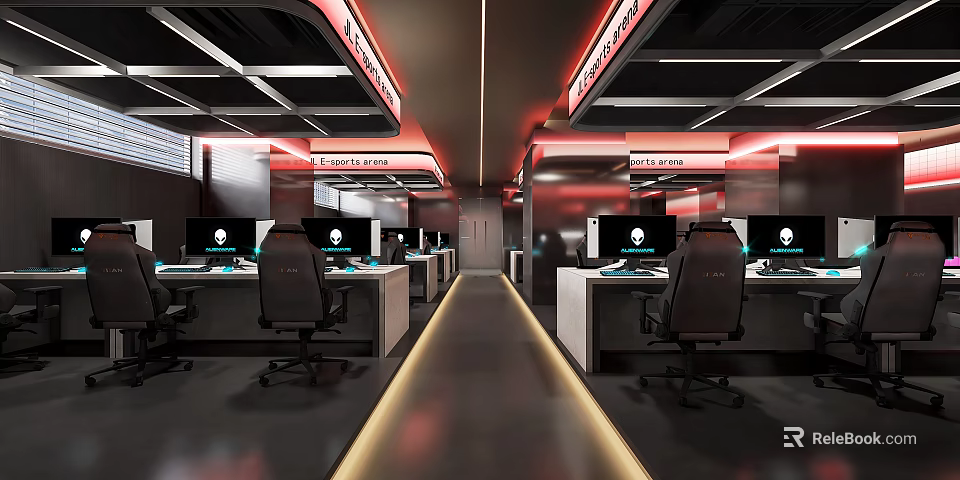 Modern Net Cafe Interior Design With Computers Comfortable Chairs And Ambient Lighting 3d model 