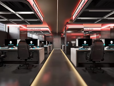 Modern Net Cafe Interior Design With Computers Comfortable Chairs And Ambient Lighting 3d model