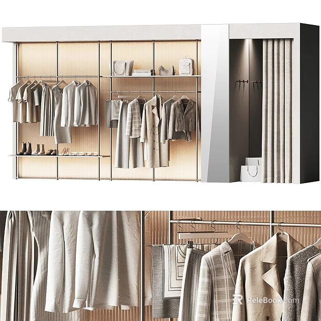 Minimalist Wooden Clothing Display Rack With Hanging Garments Shelves Bags And Shoes 3d model 