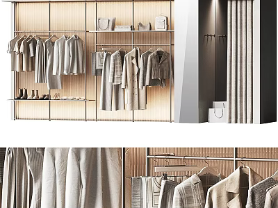 Minimalist Wooden Clothing Display Rack With Hanging Garments Shelves Bags And Shoes 3d model