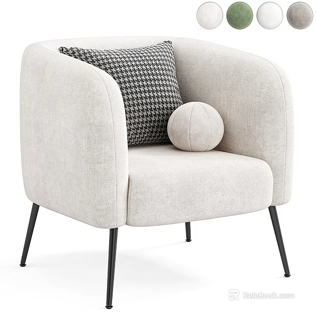 Modern Neutral Beige Accent Chair with Houndstooth Pattern Pillow Round Cushion Black Metal Legs 3d model 