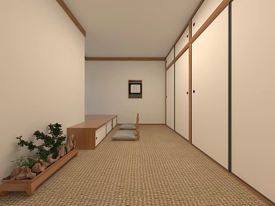 Tatami Bedroom With Wooden Low Cabinet Cushion Sliding Wardrobe Woven Straw Carpet And Wall Painting 3d model