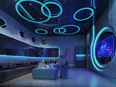 Modern KTV Interior with Blue Lighting and Circular Decorations Comfortable Sofas and TV Screen Setup 3d model