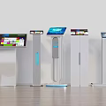 Multiple Modern Self Service Kiosks With Interactive Screens Showing Ads Apps And Payment Interfaces