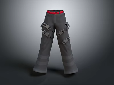 Gray Cargo Pants with Multiple Straps Red Belt and Utility Pockets Design 3d model
