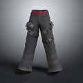 Gray Cargo Pants with Multiple Straps Red Belt and Utility Pockets Design