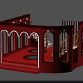 Red Exhibition Booth Design With Arched Windows Red Carpet Striped Panels And Steps