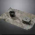 Rustic Scene Component With Worn Surface Metal Bucket Stump And Colorful Spots