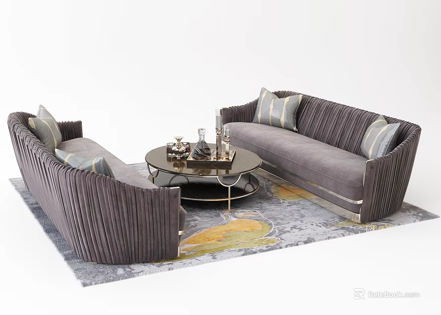 Modern Elegant Striped Sofa Coffee Table Set With Decorative Pillows Metal Frame Patterned Rug 3d model