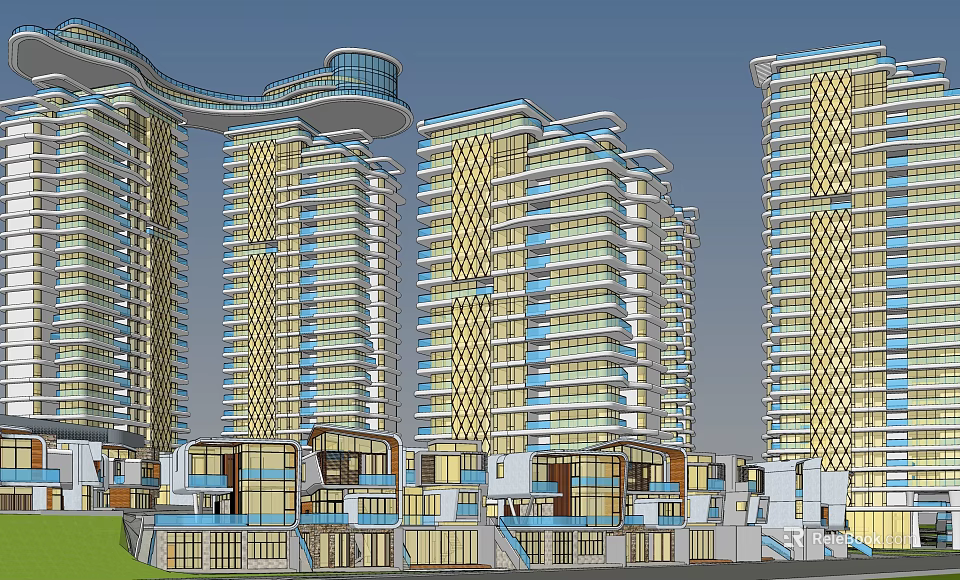 Modern High Rise Residential Buildings With Geometric Facade Curved Roof And Low Rise Structures 3d model 