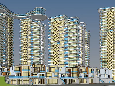Modern High Rise Residential Buildings With Geometric Facade Curved Roof And Low Rise Structures 3d model