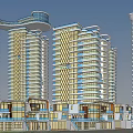 Modern High Rise Residential Buildings With Geometric Facade Curved Roof And Low Rise Structures