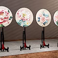 Circular Floral Decorative Ornament Set On Black Red Base Stands For Home Decoration