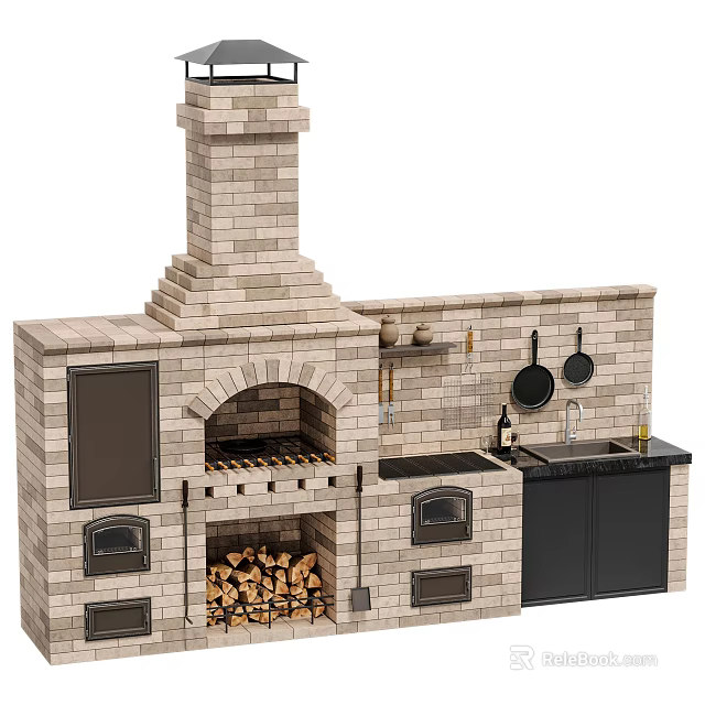 Brick Fireplace With Chimney Wood Storage Cabinets Sink And Cooking Utensils 3d model 