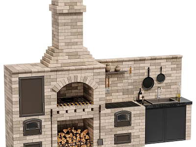 Brick Fireplace With Chimney Wood Storage Cabinets Sink And Cooking Utensils 3d model