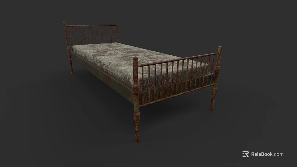 Vintage Iron Double Bed With Rusted Frame And Patterned Mattress 3d model