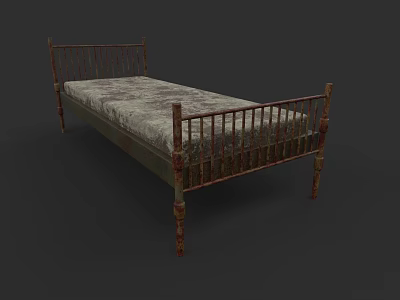 Vintage Iron Double Bed With Rusted Frame And Patterned Mattress 3d model