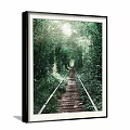 Scenic Landscape Painting Featuring Lush Green Vegetation Tunnel Railway Track And Sunlight Through Leaves