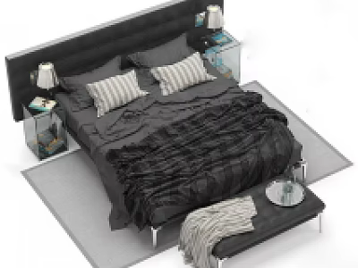 Modern Double Bed With Black Frame Striped Pillows Gray Bedding And Glass Nightstands 3d model